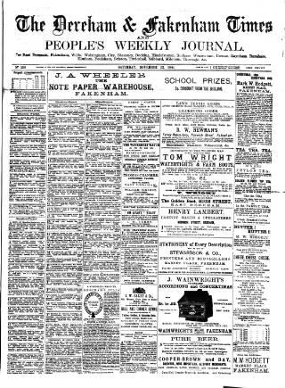 cover page of Dereham and Fakenham Times published on November 23, 1889