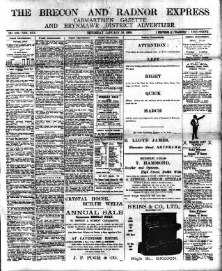 cover page of Brecon and Radnor Express and Carmarthen Gazette published on January 30, 1908