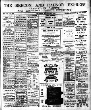 cover page of Brecon and Radnor Express and Carmarthen Gazette published on November 5, 1908