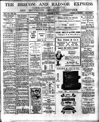 cover page of Brecon and Radnor Express and Carmarthen Gazette published on December 17, 1908