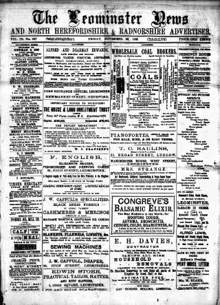 cover page of Leominster News and North West Herefordshire & Radnorshire Advertiser published on November 23, 1888