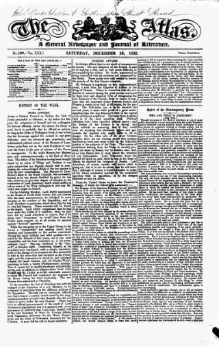 cover page of Atlas published on December 25, 1852