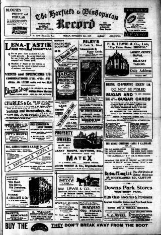 cover page of Horfield and Bishopston Record and Montepelier & District Free Press published on November 23, 1917