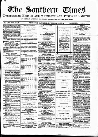 cover page of Southern Times and Dorset County Herald published on November 23, 1872