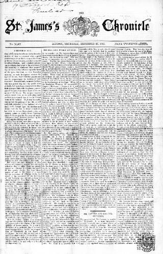 cover page of Saint James's Chronicle published on December 25, 1862