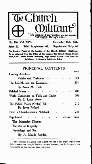 cover page of Church League for Women's Suffrage published on December 15, 1925