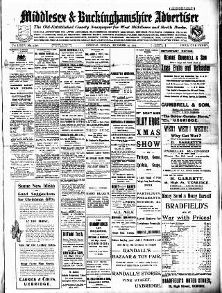 cover page of Uxbridge & W. Drayton Gazette published on December 25, 1914