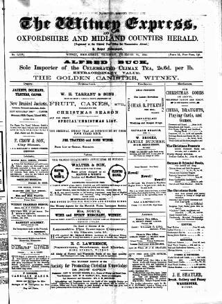 cover page of Witney Express and Oxfordshire and Midland Counties Herald published on December 25, 1884