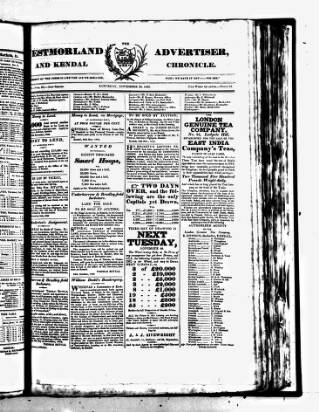 cover page of Westmorland Advertiser and Kendal Chronicle published on November 23, 1822