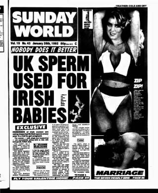 cover page of Sunday World (Dublin) published on January 26, 1992