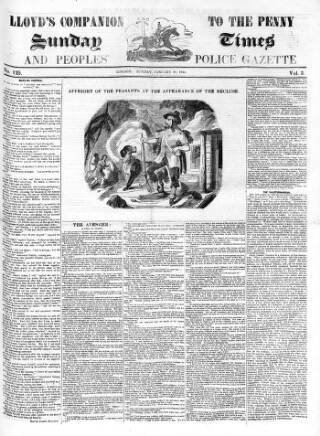 cover page of Lloyd's Companion to the Penny Sunday Times and Peoples' Police Gazette published on January 28, 1844