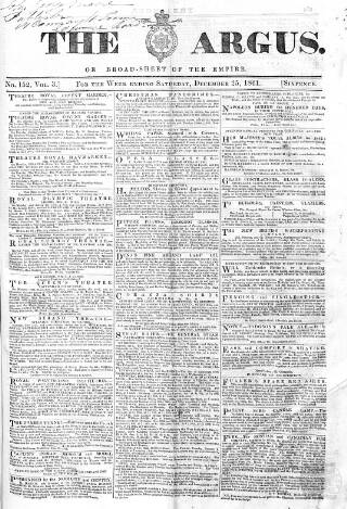 cover page of Argus, or, Broad-sheet of the Empire published on December 25, 1841