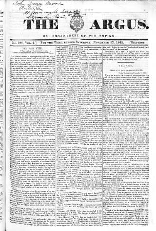 cover page of Argus, or, Broad-sheet of the Empire published on November 12, 1842