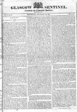 cover page of Glasgow Sentinel published on November 28, 1821