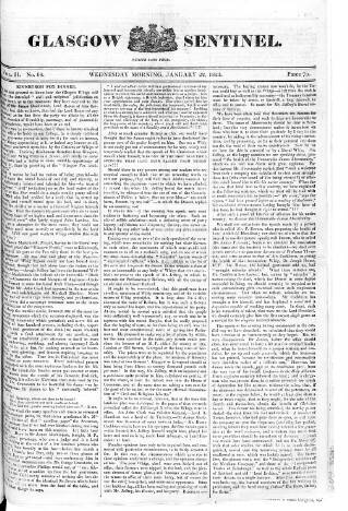 cover page of Glasgow Sentinel published on January 22, 1823