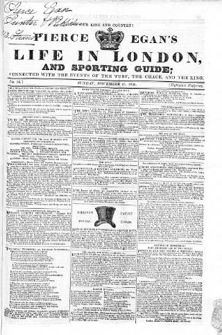 cover page of Pierce Egan's Life in London, and Sporting Guide published on November 27, 1825