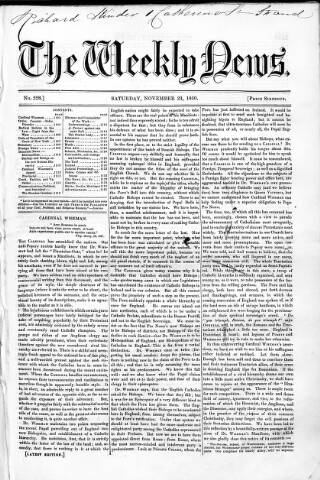 cover page of Douglas Jerrold's Weekly Newspaper published on November 23, 1850