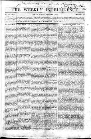 cover page of Weekly Intelligence published on January 4, 1818