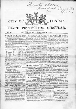 cover page of City of London Trade Protection Circular published on November 18, 1848