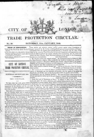 cover page of City of London Trade Protection Circular published on January 13, 1849