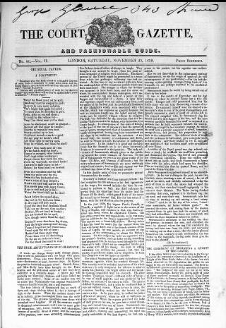 cover page of Court Gazette and Fashionable Guide published on November 23, 1839