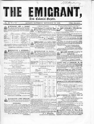 cover page of Emigrant and the Colonial Advocate published on November 18, 1848