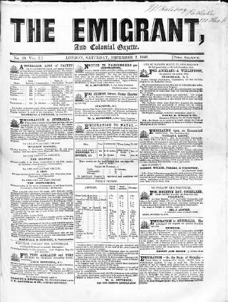 cover page of Emigrant and the Colonial Advocate published on December 2, 1848