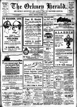 cover page of Orkney Herald, and Weekly Advertiser and Gazette for the Orkney & Zetland Islands published on November 23, 1927