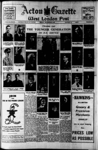 cover page of Acton Gazette published on December 25, 1942