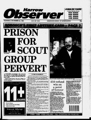 cover page of Harrow Observer published on November 23, 1995