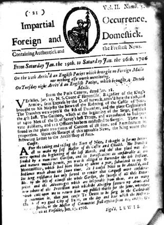 cover page of Pue's Occurrences published on January 26, 1706