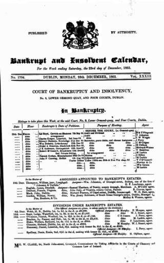 cover page of Bankrupt & Insolvent Calendar published on December 25, 1865