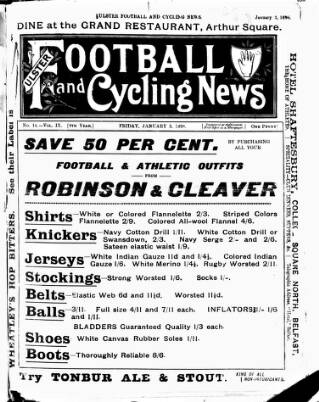 cover page of Ulster Football and Cycling News published on January 3, 1896