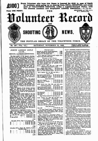 cover page of Volunteer Record & Shooting News published on November 23, 1889