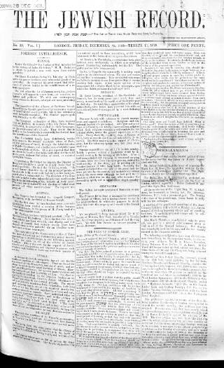 cover page of Jewish Record published on December 25, 1868