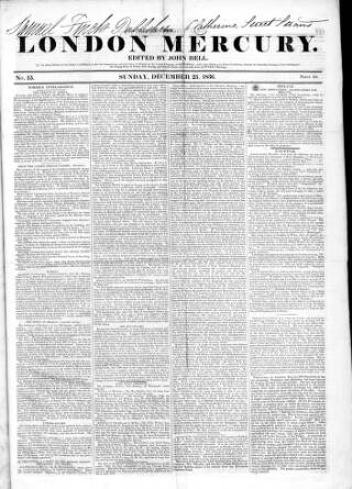 cover page of London Mercury 1836 published on December 25, 1836