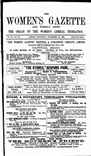 cover page of Women's Gazette & Weekly News published on November 23, 1889