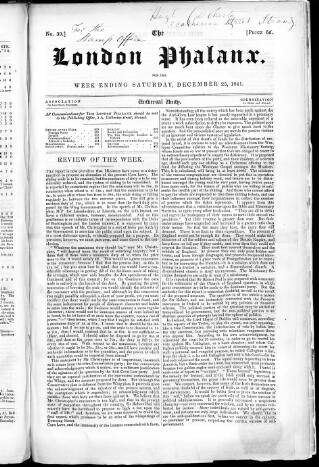 cover page of London Phalanx published on December 25, 1841