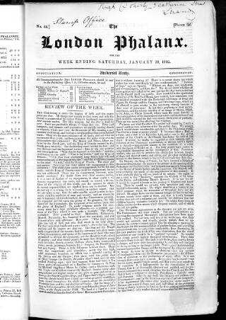 cover page of London Phalanx published on January 29, 1842