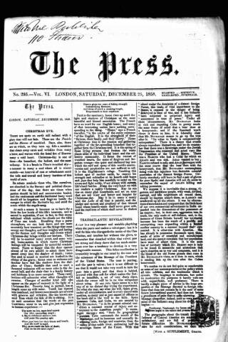 cover page of Press (London) published on December 25, 1858