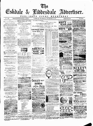 cover page of Eskdale and Liddesdale Advertiser published on November 23, 1892