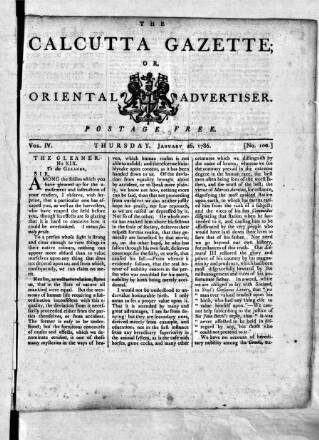 cover page of Calcutta Gazette published on January 26, 1786