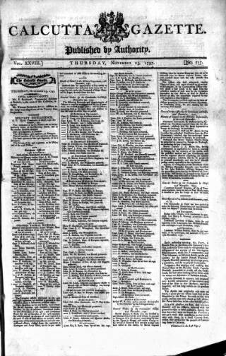 cover page of Calcutta Gazette published on November 23, 1797