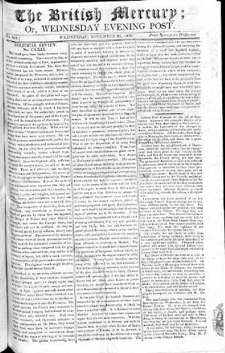 cover page of British Mercury or Wednesday Evening Post published on November 23, 1808