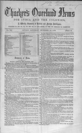 cover page of Thacker's Overland News for India and the Colonies published on December 25, 1858