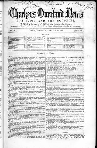 cover page of Thacker's Overland News for India and the Colonies published on January 26, 1860