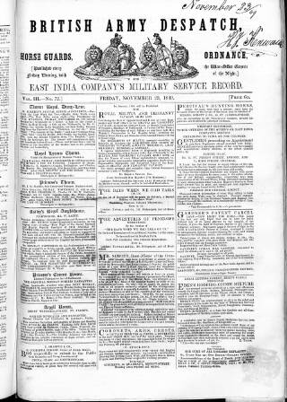 cover page of British Army Despatch published on November 23, 1849