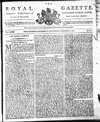 cover page of Royal Gazette of Jamaica published on November 23, 1811