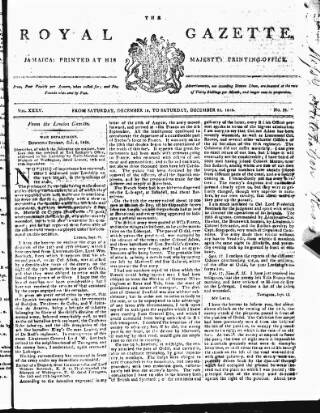 cover page of Royal Gazette of Jamaica published on December 25, 1813