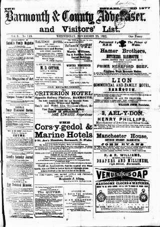 cover page of Barmouth & County Advertiser published on November 23, 1892